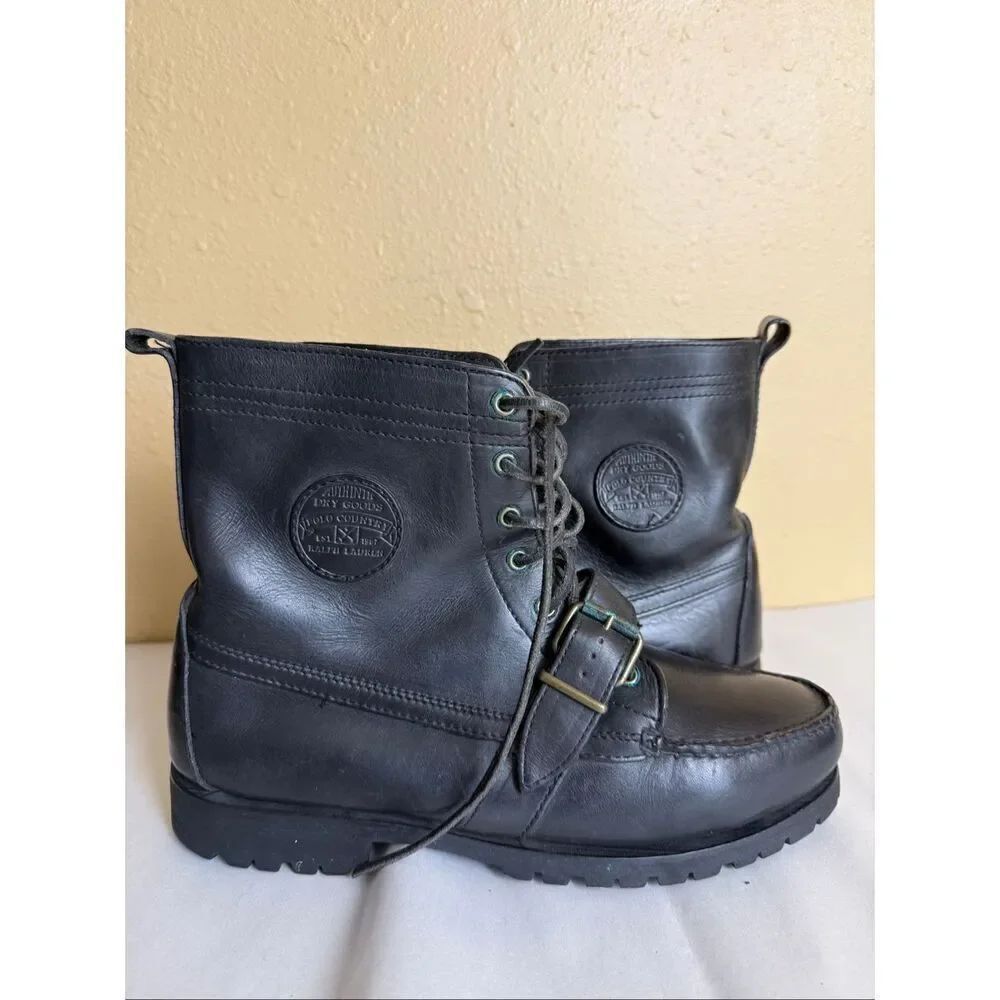 Polo Ralph Lauren Polo Country Black Leather Lace-Up Buckle Boots Mens Size 11